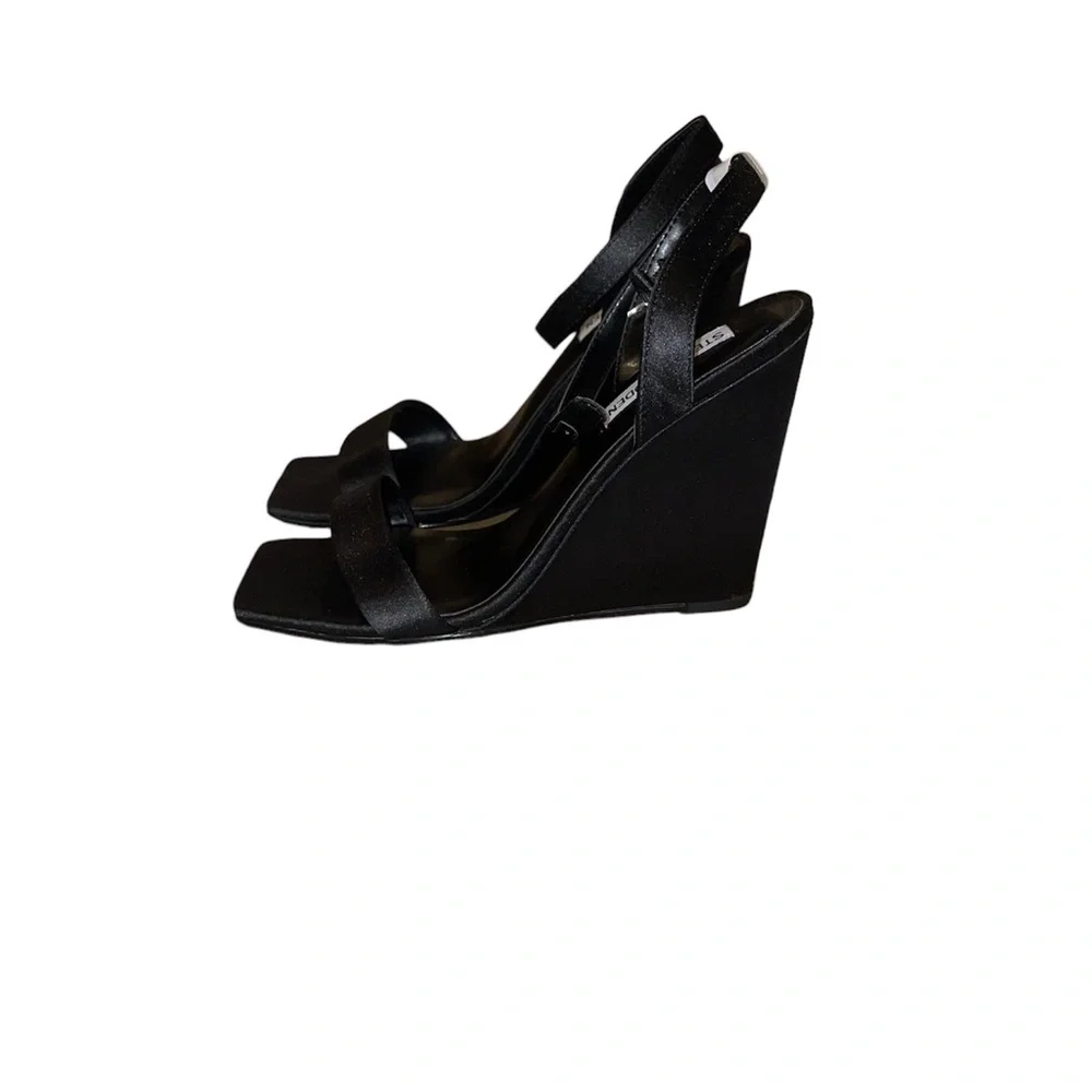 Steve Madden Black Satin Ankle-Strap Square-Toe Heels
